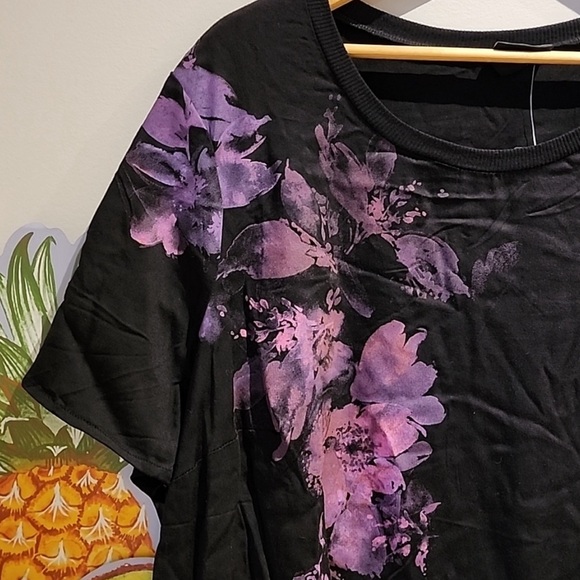 TORRID Abbey Soft Stretch Challis Top, Deep Black with Purple & Pink Floral - Picture 3 of 6